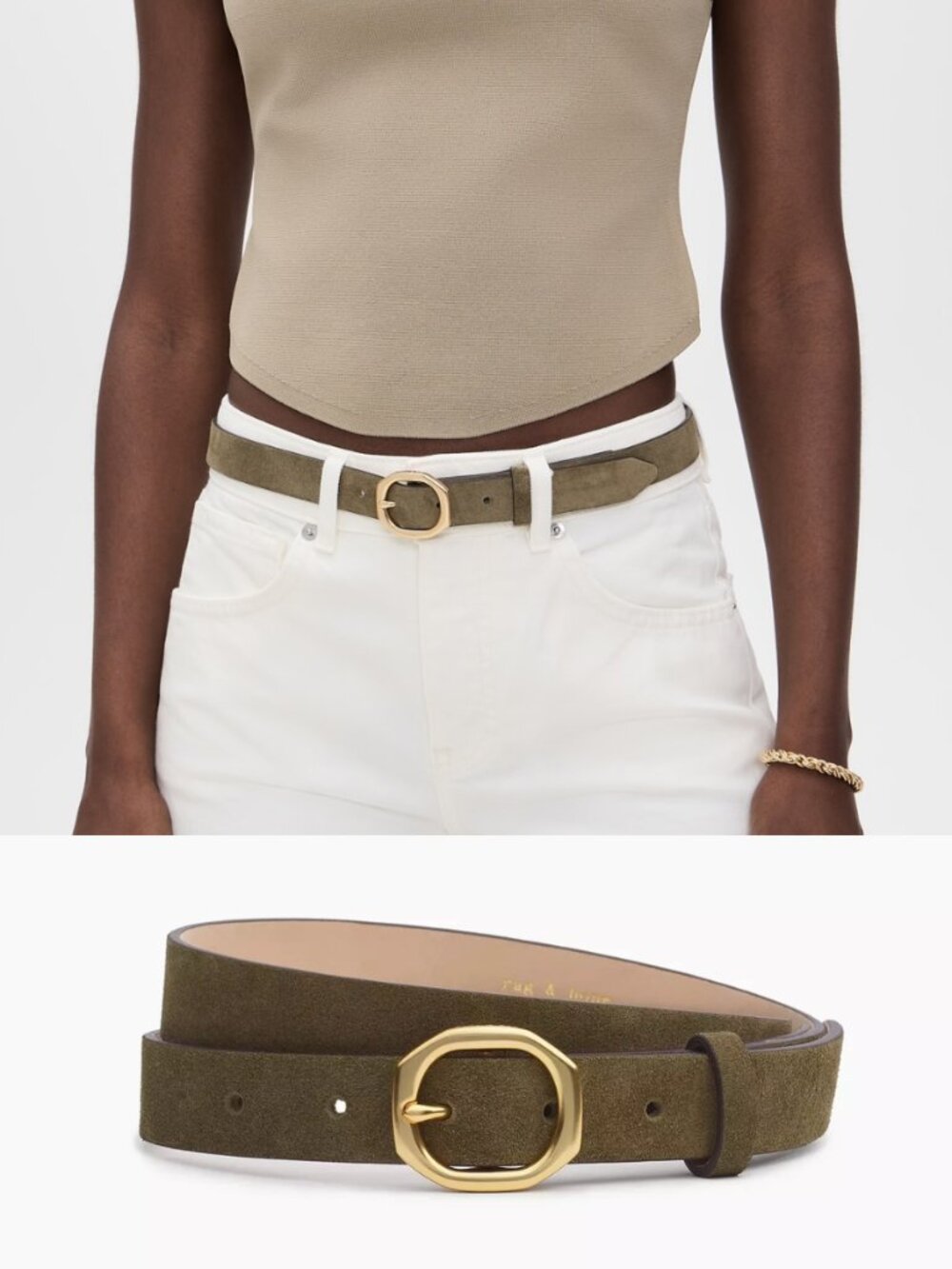 rag & bone Small Audrey Belt Olive Green Suede Leather Gold Buckle NWT